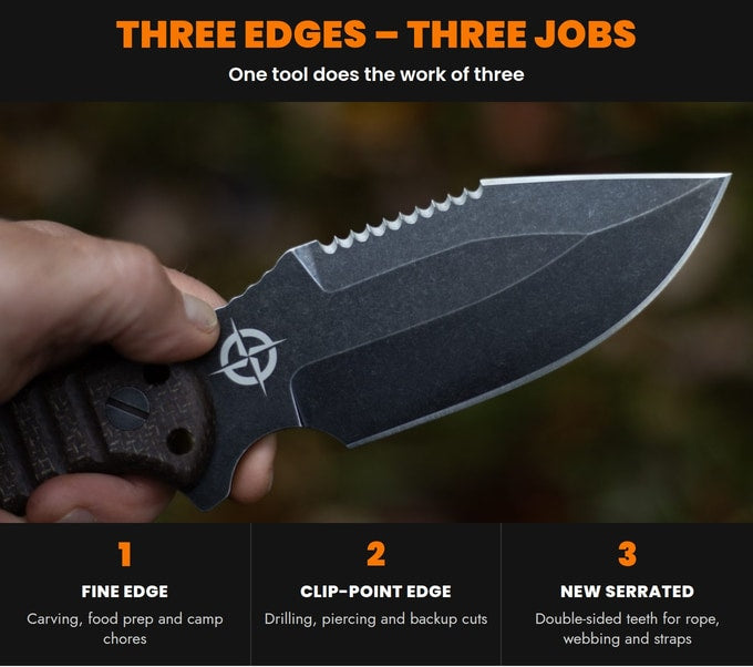The three edges of Warrior X: fine edge, clip-point edge and NEW serrated edge